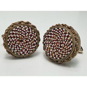 Vintage Dante Micro Mosaic Round Rare Cufflinks Red White Black 0.95”
